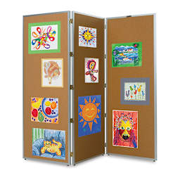 Claridge Folding Screen - 68" x 72", Satin Aluminum - shown upright with pinned artwork