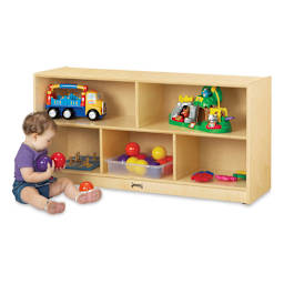 Jonti-Craft Mobile Storage Cabinet - Toddler Single (toys not included) - with toddler sitting next to cabinet