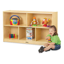 Jonti-Craft Mobile Storage Cabinet - Low Single (toys not included) - child sitting next cabinet