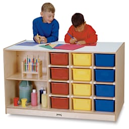 Jonti-Craft Mobile Storage Island side with two shelves and twelve slots for plastic trays shown