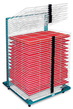 AWT Portable Drying Racks - 20" x 26" Rack with nine racks lifted, rest holding red paper