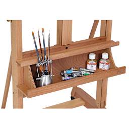 Mabef Artist's Easel M-06 - Closeup of storage tray with brushes and paints shown