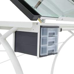 Studio Designs Futura Craft Station - Ivory Frame/Sea Green Glass, close-up of the drawers