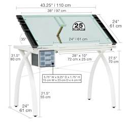 Studio Designs Futura Craft Station - Ivory Frame/Sea Green Glass with dimensions