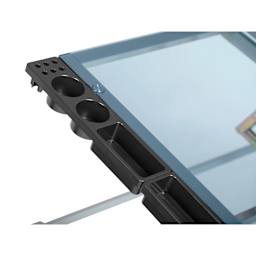 Studio Designs Futura Craft Station - Silver Frame/Blue Glass, close-up of the top