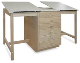 Hann Dual Station Drafting Table - left angle shows raised drafting surface, drawers, H-Frame Legs