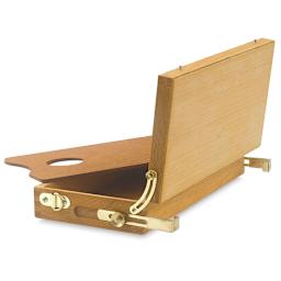 Jullian Rexy Watercolor Easel - Rear of Paint Accessory box open showing brass fittings and palette