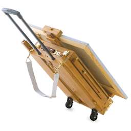 Bamboo French Sketchbox Easel - Folded for travel on wheels with retractable handle extended 