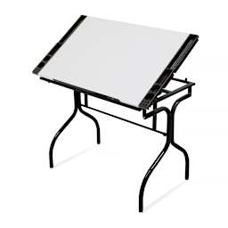 Black/White Top Folding Craft Station - angled view with table top raised as drafting table