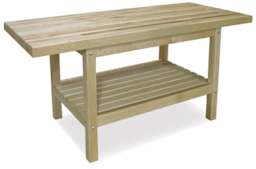 Dual-Station Art Workbench - Left angled view showing butcher block top and storage shelf