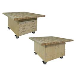 Hann Art and Printmaking Workstation - Maple Top, 4-Door, with Casters, fron and back of the workstation