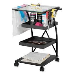 Studio Designs Charcoal Triflex Taboret -Left angle accessorized with paint cans, paper, and more