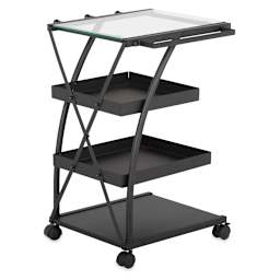 Studio Designs Charcoal Triflex Taboret -Angled back view showing glass top and 3 shelves