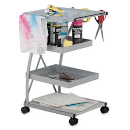 Studio Designs Silver Triflex Taboret -Right angle accessorized with paint cans, paper, and more