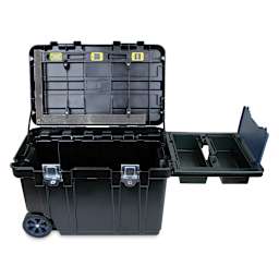 Flambeau Rolling Tool Chest - Front view with top open and storage bins extended