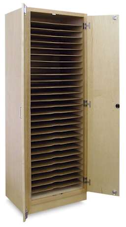 Hann Drawing Board Storage Cabinet - Angled view with door open showing 27 shelves for storage