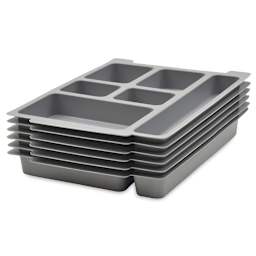 Gratnells Trays and Accessories - 6 Stacked Gray Inserts with different size compartments shown
