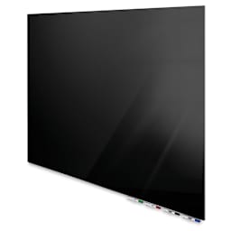 Ghent Aria Magnetic Glassboards - right angled view of black glassboard showing marker tray 
