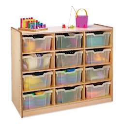 Clear Tray Storage Cabinets - 3 Tier cabinet with 12 deep trays filled with supplies
