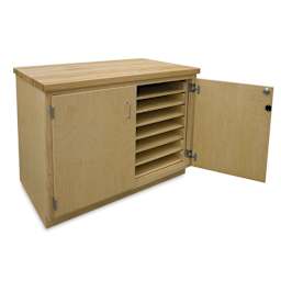 Hann Paper Storage Cabinets - Angled view of Maple top Cabinet with one door open showing shelves