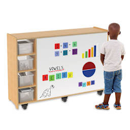 Magnetic Markerboard Mobile Storage Cabinet - Student studying contents of markerboard
