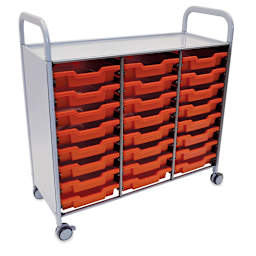 Gratnells Callero Plus Cart - Angled view of cart with 24 shallow Red trays