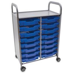 Gratnells Callero Storage Cart - Angled view of cart with 16 shallow blue trays