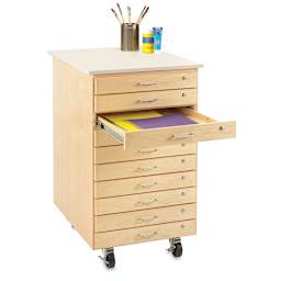 Diversified Spaces Taboret - Angled view of Taboret with one drawer open, on optional Casters
