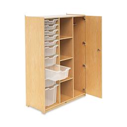 Whitney Brothers Teachers Wardrobe - Left angle with door open and one tray pulled out