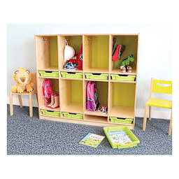 Whitney Brothers Plus Coat Locker -shown in playroom setting holding children's backpacks and shoes