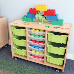 Green Tray Storage Cabinet - Shown accessorized with various toys not included