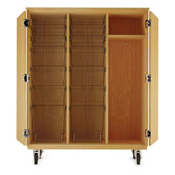 Diversified Spaces Mobile Tote and More Storage Cabinet with Locking Doors - Oak with Clear Totes (Front view, Doors open)