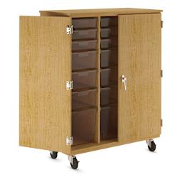 Diversified Spaces Mobile Tote and More Storage Cabinet with Locking Doors - Oak with Clear Totes