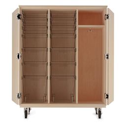 Diversified Spaces Mobile Tote and More Storage Cabinet with Locking Doors - Maple with Clear Totes (Front view, Doors open)