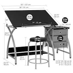 Studio Designs Comet Center - Black and Silver, Table and Stool (table and stool with dimensions)
