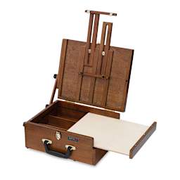 Sienna Plein Air All in One Pochade Box - open with sliding wood palette extended showing storage
