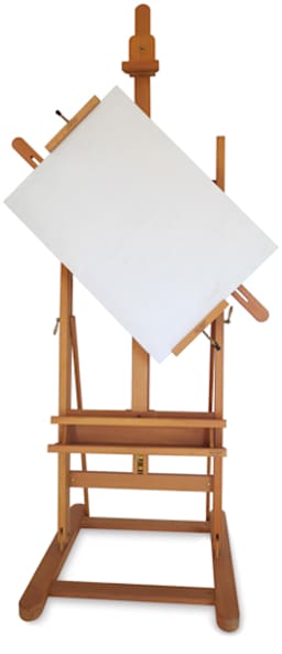 Mabef Revolving Easel Attachment - Shown mounted on easel with canvas attached at angle

