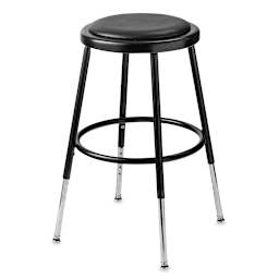 Adjustable Padded Stool - Front view of black padded stool showing adjustable legs