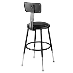 Adjustable Padded Stool - Rear view of black padded stool with backrest showing adjustable legs