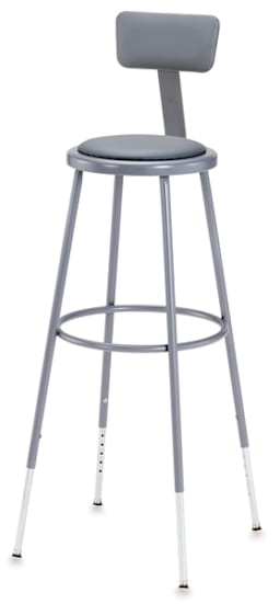 Adjustable Padded Stool - Front view of gray padded stool with backrest showing adjustable legs