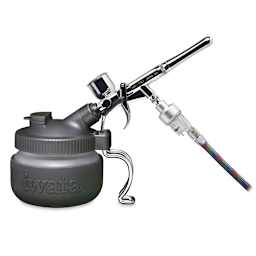 Iwata Universal Spray Out Pot - Side View in use with Airbrush