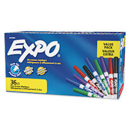 Expo Dry Erase Low Odor Markers - Fine Tip, Assorted Colors, Set of 36, front of the packaging