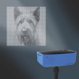 Artograph Flare 100 Digital Projector - in use to project dog illustration with grid overlay
