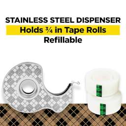 Stainless Steel Dispenser, Holds 3/4 in Tape Rolls, Refillable