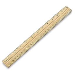 Westcott Wood Ruler Measuring Metric and 1/16" Scale - Angled view of plain school ruler