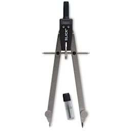 Blick Large Spring Bow Compass - Top view of compass open slightly with extra lead case adjacent
