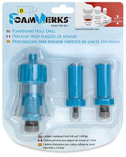 Foam Board Hole Drill Kit - Front of blister package showing Drill and 2 extra drill tips