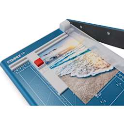 Dahle Professional Series Guillotine Paper Trimmer - 13-3/8" Cutting Length, 17-3/4" x 11-1/4" - in use, close-up