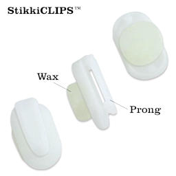 StikkiWorks StikkiClips - Adhesive Wax, Pkg of 20, demonstrating the wax and prong of the clip. 