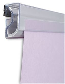 Ghent Hold Up Display Rail - Angled closeup showing paper inserted in rail